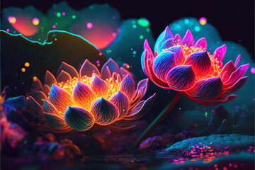 illustration luminescent glow of lotuses in the lake