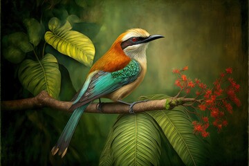 Bright exotic bird in a tropical garden, sunlight. AI