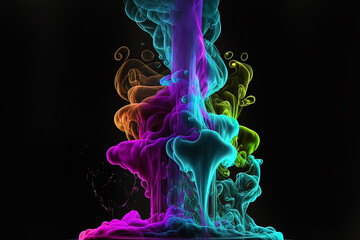 Multicolored neon smoke on a black background, a bright explosion of smoke. AI