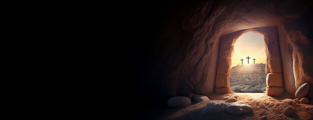 Naklejka premium Empty tomb at sunrise. Easter concept created with generative Ai technology