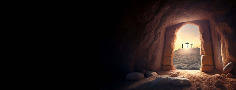 Empty tomb at sunrise. Easter concept created with generative Ai technology