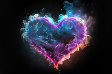 Bright multi-colored heart symbol made of smoke, Abstract openwork heart made of smoke and neon. AI - obrazy, fototapety, plakaty