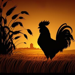 Fototapeta premium Rooster Silhouette with background landscape generative ai