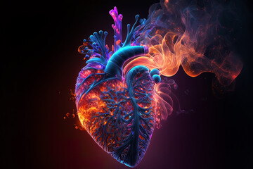 Bright multi-colored heart symbol made of smoke, Abstract openwork heart made of smoke and neon. AI - obrazy, fototapety, plakaty