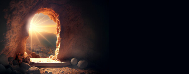 Empty tomb at sunrise. Easter concept created with generative Ai technology