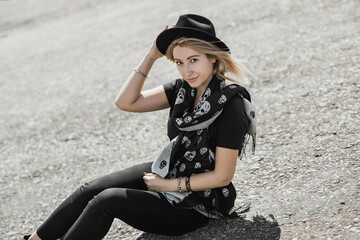 Grunge style, 90-80x trends clothes collection. Woman in black leather jacket. Fashion illustration for magazine