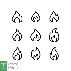 Fire flame line icon set. Simple outline style. Flammable logo, bonfire, heat, hot, burn warning concept, light symbol. Thin line vector illustration collection isolated on white background. EPS 10.