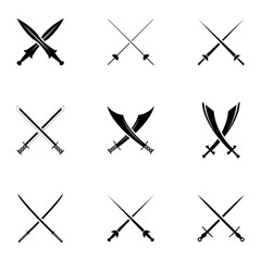 Swords Set. Collection of Crossed Knight Sword Ancient Weapon silhouettes Design