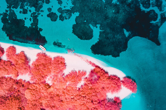 Aerial view of Maldive beach in infrared photography 