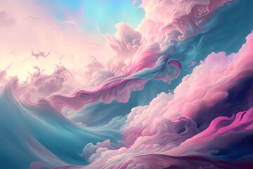 Delicate abstract pastel background with clouds and waves. Head and pink liquid fluid art. AI