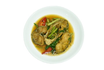 deep fried slice striped snake head fish with ginger and celery on plate 