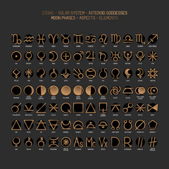 Zodiac, astrology elements, solar system, moon phases horoscope thin line label linear design esoteric stylized elements symbols signs. Vector illustration icons