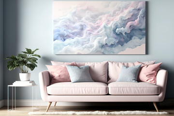 Delicate pastel interior with a picture on a light wall with clouds and waves. Blue and pink liquid fluid art. AI