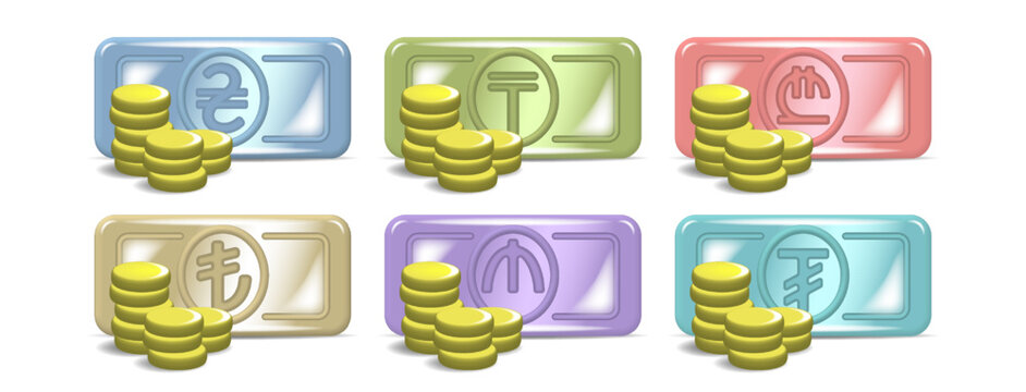3d vector cartoon set of financial icons. Stylistic banknotes and coins. Ukrainian hryvnia, Kazakh tenge, Georgian lari, Turkish lira, Azerbaijani manat and Mongolian tugrik signs.