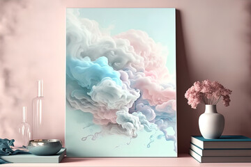 Delicate pastel interior with a picture on a light wall with clouds and waves. Blue and pink liquid fluid art. AI