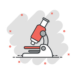 Microscope icon in comic style. Laboratory magnifier cartoon vector illustration on isolated background. Biology instrument splash effect sign business concept.