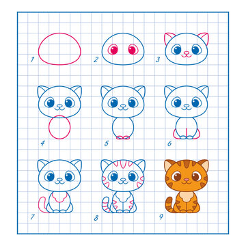 How to Draw Cute Cat, Step by Step Lesson for Kids cartoon vector illustration