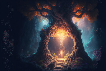 Sacred fantasy tree of life with afterlife portal gate leading to divine mystery . Home shrine of ancient astral soul in deep dark chakra forest at beautiful night . Admirable Generative AI image . - obrazy, fototapety, plakaty