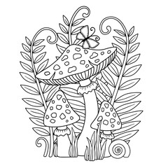 Fototapeta premium Vector coloring book page for adult. Black and white illustration of an amanita mushrooms, shell and butterfly among plants