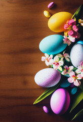 Colorful easter eggs and branch with flowers on wooden desk Generative AI Content by Midjourney