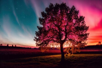 Naklejka na ściany i meble Illustration photo of Lonely lighted glowing tree in the night on a field
