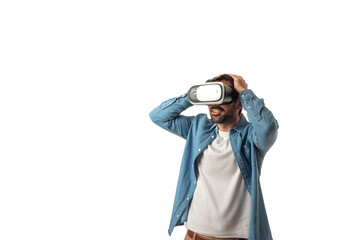 surprised man wears VR glasses touching his head with hands isolated on white background.