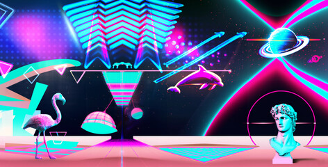 Vaporwave Aesthetic Styled Club Interior with Neon Lights, Glitched Flamingo, Helios Bust, Flying Dolphin