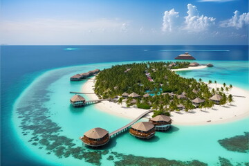 maldives luxury resort, beautiful sea, hotel, blue sky, top view, Made by AI,Artificial intelligence - obrazy, fototapety, plakaty