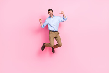 Fototapeta na wymiar Full length photo of cheerful positive man stylish clothes two arm point himself rejoice career promotion isolated pink color background
