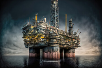 &Ouml;lplattform Bohrturm der Schwer&ouml;lindustrie in der Nordsee Drilling Rig Generative AI Digital Art Illustration