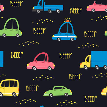 Children's seamless vector pattern with cars. Multicolored different cars. Lettering the Wroom and Beep. Black background 