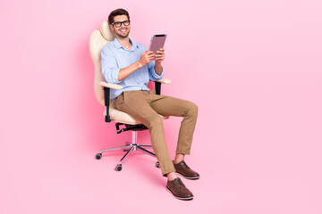 Full body photo of young attractive handsome wear formal blue shirt guy sit boss chair choose best...