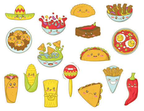 bundle  of kawaii clip art with mexican food in cartoon doodle style. Mexican fast food collection with funny faces