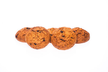 Five oatmeal chocolate chip cookies. On a pure white isolated background. Fresh bakery.