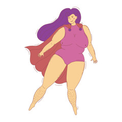 Happy overweight plus size woman in superhero costume with cape against fatphobia, support for body positivity movement and women's rights