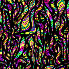 Motley psychedelic flowing abstract trippy seamless pattern. Rainbow hippie style with many intricate wavy ornaments, bright neon multicolor color texture isolated on blak background.