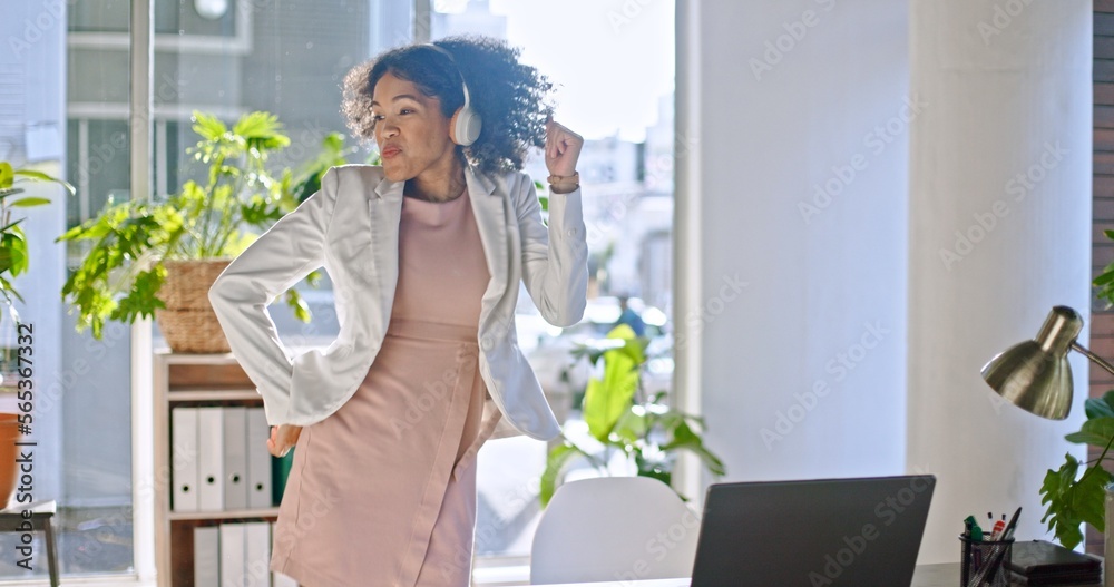 Canvas Prints Business laptop, dance and black woman in office celebrating successful project. Energy, freedom and happy carefree female employee from South Africa dancing for victory after winning contract deal.