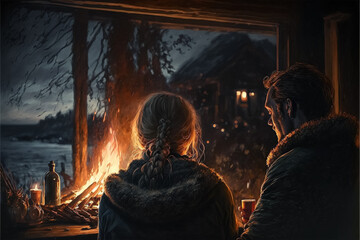 Obraz na płótnie Canvas A romantic young couple enjoying the fire in a cabin in the middle of the forest on Saint Valentine's Day. Generative ai