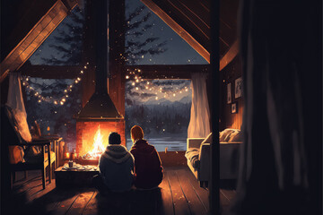 Fototapeta na wymiar A romantic young couple enjoying the fire in a cabin in the middle of the forest on Saint Valentine's Day. Generative ai