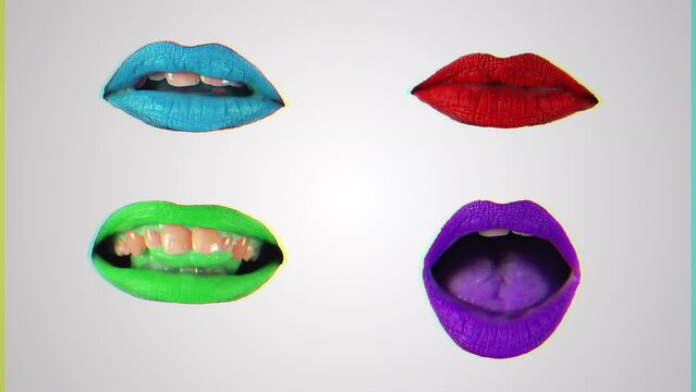 Multicolored Mouth Gestures Pop Art Motion Background. Pop art background of some colorful mouths gestures, motion background.