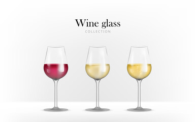 Set of transparent wine glasses, empty, white, red, sparkling wine. Realistic 3d glass goblets with alcohol liquid. Sweet, dry and semi sweet wine on the scene. Vector for bar or restaurant menu. 