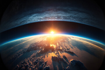 Sunrise over planet Earth, view from space. 