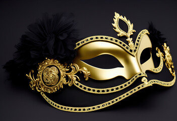 Carnival venetian gold mask with feathers on black color background, female costume, masquerade