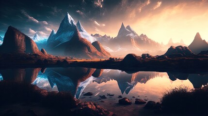 Fototapeta na wymiar mountains reflected in a mystical landscape Generative AI