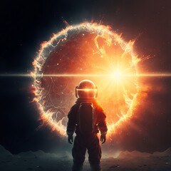 A man standing before a supernova, a sun exploding