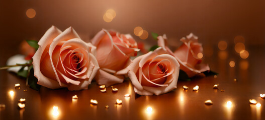 Pink roses and golden reflections