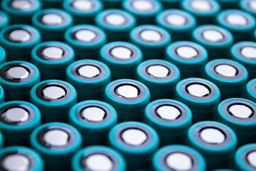 Close-up of 18650 lithium cells arranged in order, perfect for EV manufacturers, electronics...