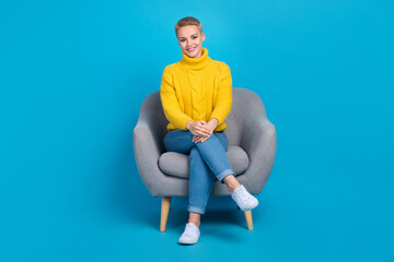 Full length photo of adorable pretty lady sitting comfort chair modern office talking recruiter hr isolated on blue color background