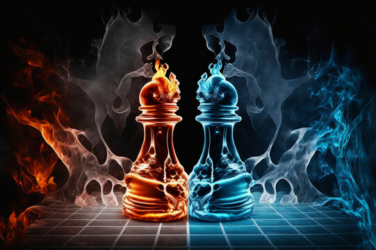Ice and fire chessboard, Generative AI, merging together, state of mind
