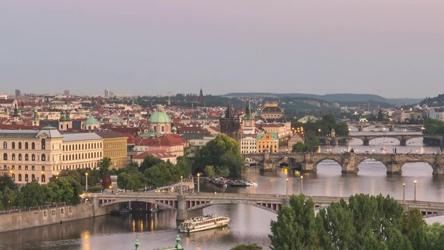 Prague Czechia Czech Republic time lapse 4K, city skyline day to night timelapse at Charles Bridge and Prague old town